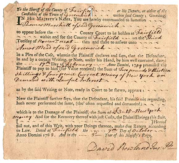 Greenwich Court Summons 1763: Amos Mead vs. Thomas Marshall