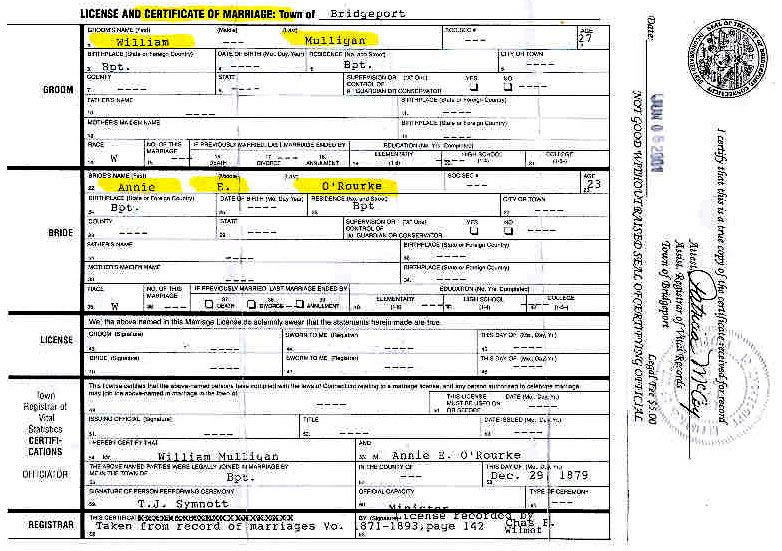 WILLIAM MULLIGAN AND ANNIE E. O'ROURKE CERTIFICATE OF MARRIAGE